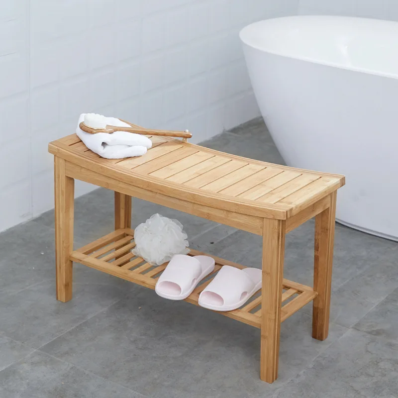 
Shower Bench with 2-Tier Storage Shelf Bamboo Shower Bench Bath Stool Applicable to Bathroom or Living Room 