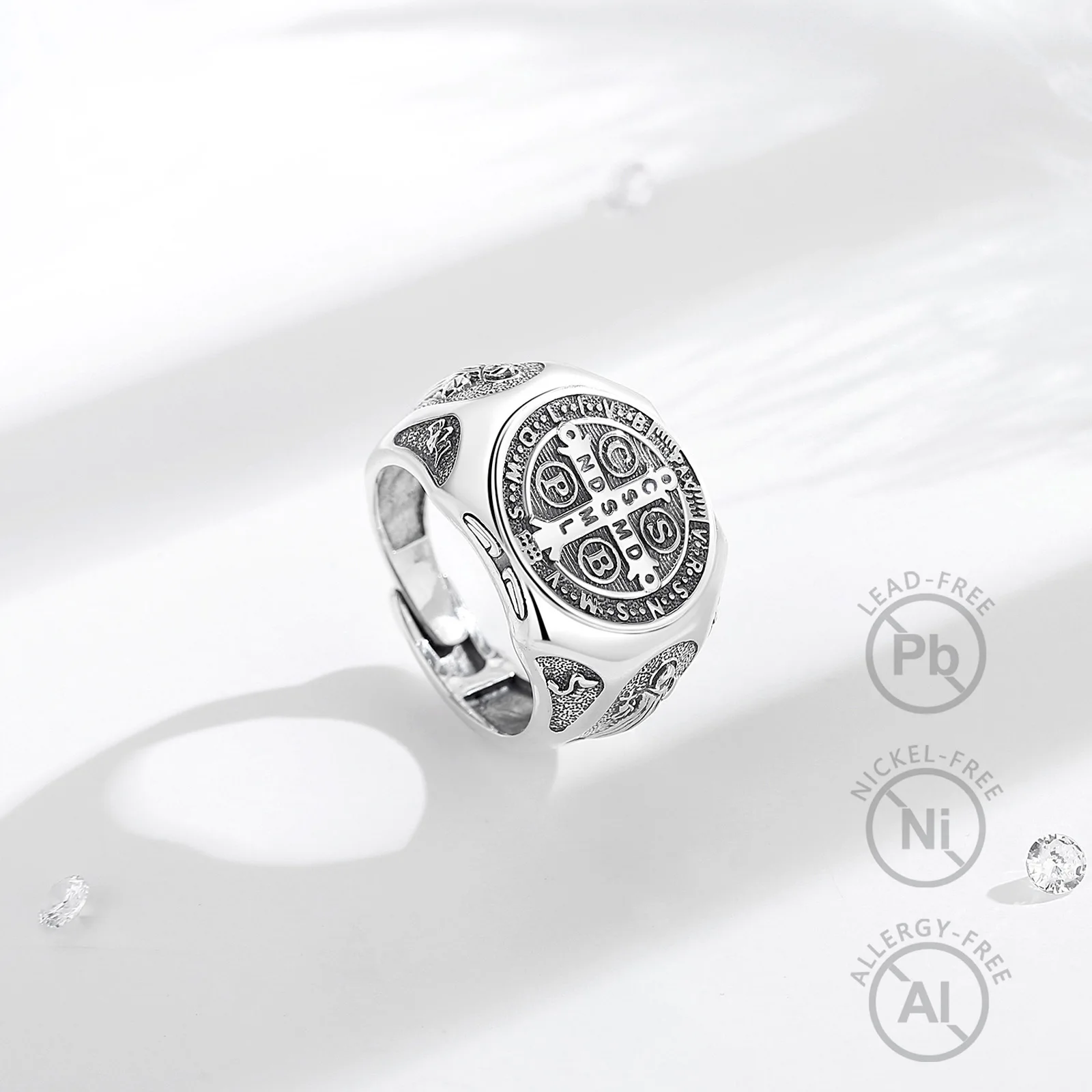 Merryshine 925 Sterling silver gold plated two side tone men amulet st san saint benedict ring for women