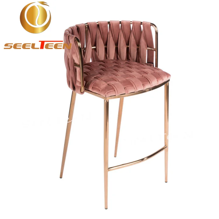 Beige Velvet Stainless Steel Luxury Bar Stool Chair