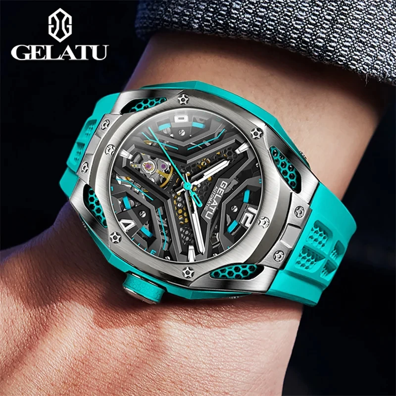 GELATU 6007 2024 Automatic Mechanical Watch for Men 53mm Big Dial Wristwatch Skeleton Tourbillon Man Waterproof Watch Reloj