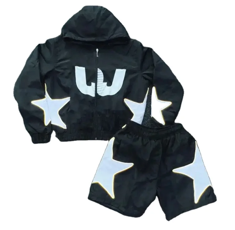 Custom Two Piece Windbreaker Short Jacket Set Zip Up Nylon Polyester Streetwear Men Windbreaker Tracksuit Short Set With Zipper