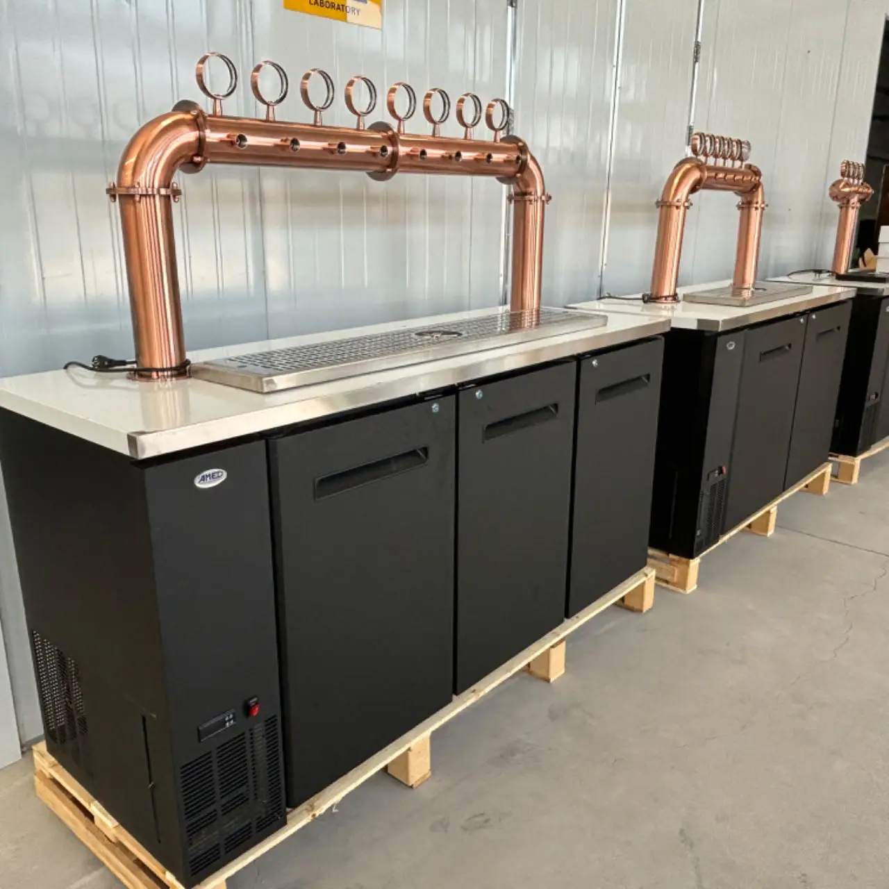 Commercial beer kegerator dispenser with bronze color beer towers