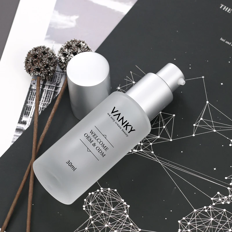 Frosted clear glass bottle 30ml 60ml skincare serum lotion bottle 1oz 2oz essential hair oil bottle with silver pump