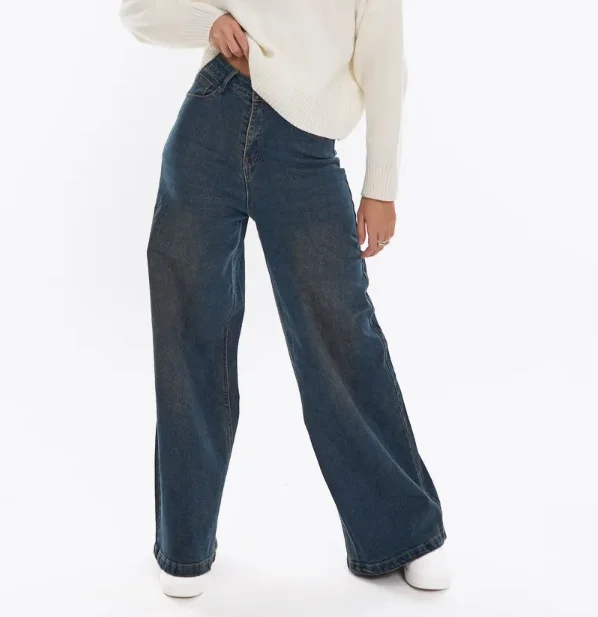 Темно-синие современные джинсы с высокой талией и широкими штанинами-бестселлер в российских интернет-магазинах