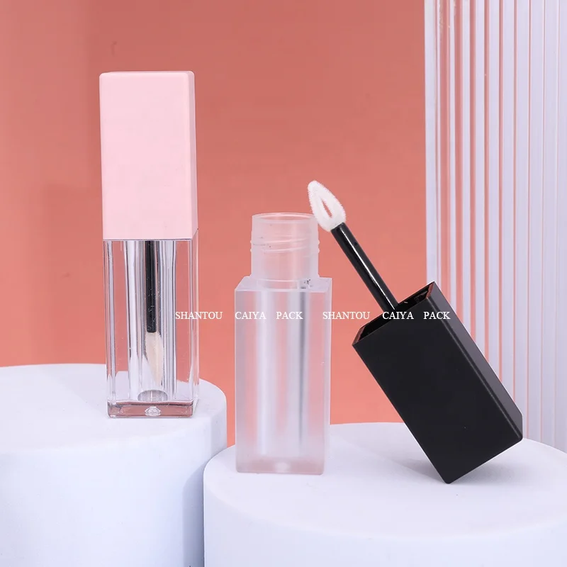 CAIYA 4ml luxury clear frost square rose gold pink lip gloss tubes with wands with stopper custom label lipstick container