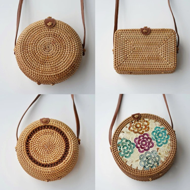 New Natural Rattan Sling Bag Beach Ladies Bali Rattan Round Bag With Snap Clasp