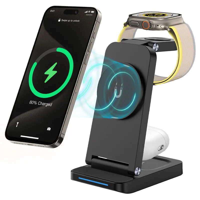 Factory Price Mobile Phone Stand Holder Strong Magnetic Charger Cell Phone 15W Fast 3 in 1 Wireless Charger Foldable Qi Chargers
