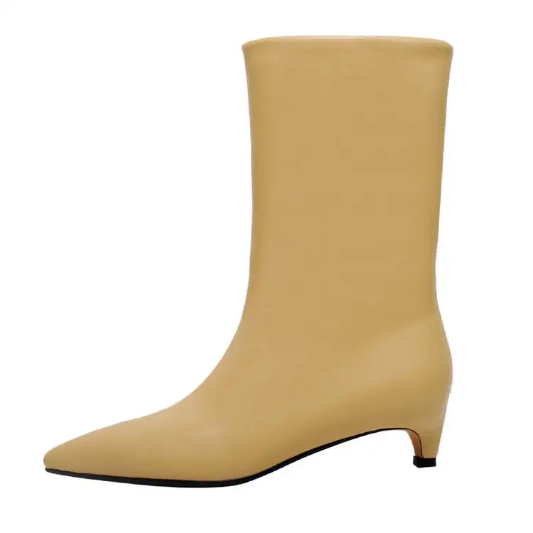 Xinzirain Wholesale Ladies Point Toe Winter Leather Real Leather 4.5cm Low Heel Women Mid Calf Boots