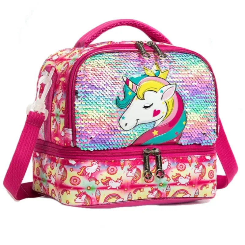 New Materials Laser Leather Lunch Box W Shoulder Strap For Boys Girls Daycare Double Decker Cooler Lunch Bag