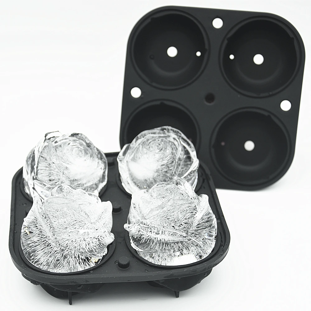 Flexible Silicone 4 Cavity 3D Rose Ice Cube Tray BPA Free Dishwasher Safe Easy Release Rose Ice Mold with Funnels on Top