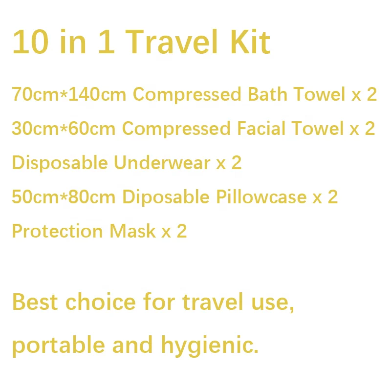 10 in 1 Travel Kit Compressed Bath Towel Facial Tablet disposable Underwear One-off Pillowcase, Compressed Towel set for Travel