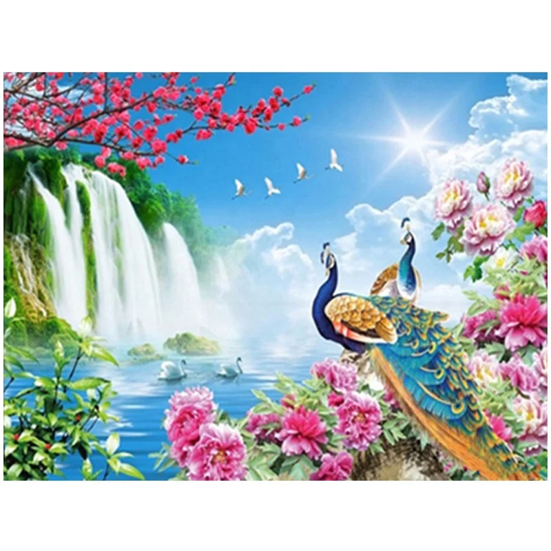 
Made In China Scenery Art Painting Flowers Lake Waterfall Tree Two peacocks Diy Cross Stitch Big Extra Large Diamond Painting 