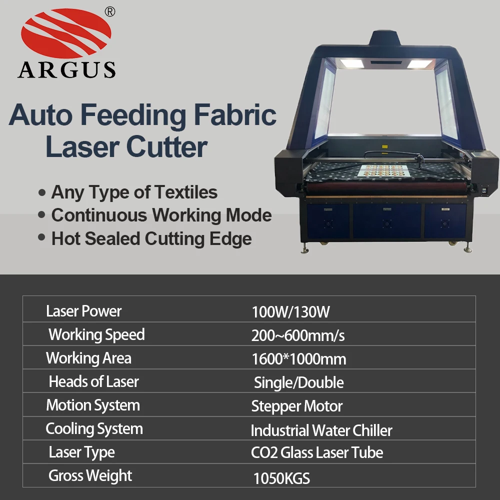 ARGUS Cloth/Label CO2 Laser Auto Cutting Machine CCD Camera 130W 1 Fabric Cutting Machine Auto Feeding 1610 1810