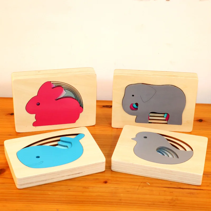 Custom Montessori Educational Shapes Toys Children Wooden 5 Layer Animal Carton 3D Cartoon Jigsaw Puzzle  For Kids