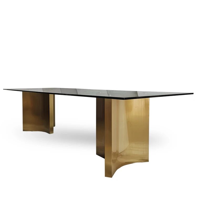 New design luxury furniture brass base dining table steel tempered glass dining tables with chairs sets