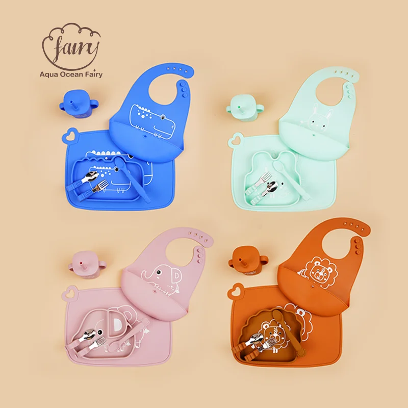 Elephant Lion Dinosaur Rabbit Animal Food Grade BPA Free Placemat Suction Plate Fork Spoon Silicone Baby Feeding Tableware Set
