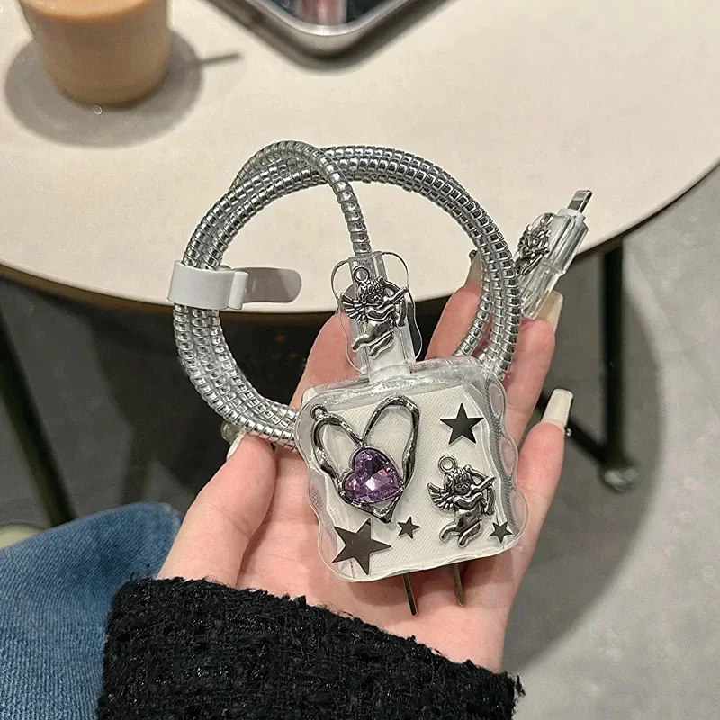 Korea Cute Epoxy Diamond Love Heart Charger Case For IPhone 11 12 13 14 15 18/20W Clear Charge Protection Cover Charger Sleeve