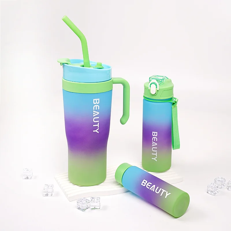 3 in 1 Gradient color frosted straw dual-drinking plastic large-capacity car-mounted 3pcs handle cooler cup water bottle