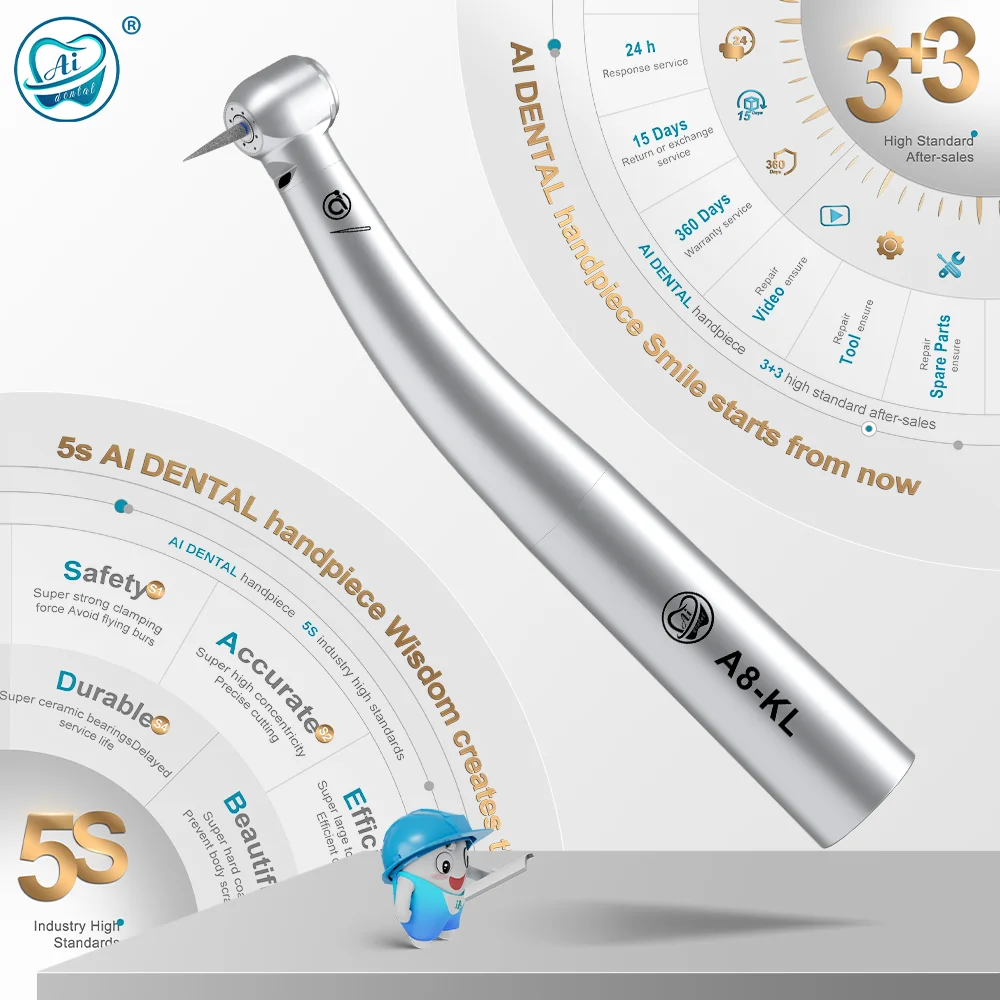 AI DENTAL AiKO Series A8-KL Optic Dental Mini Head Air Turbine High Speed Handpiece K-Coupler Inner Water Spray Stainless body