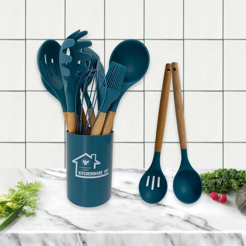 silicone 12 Pieces kitchenware  In 1 Set Kitchen Gadgets Tools Kitchenware Silicone Cooking Utensils Set With Wooden HandlesHot