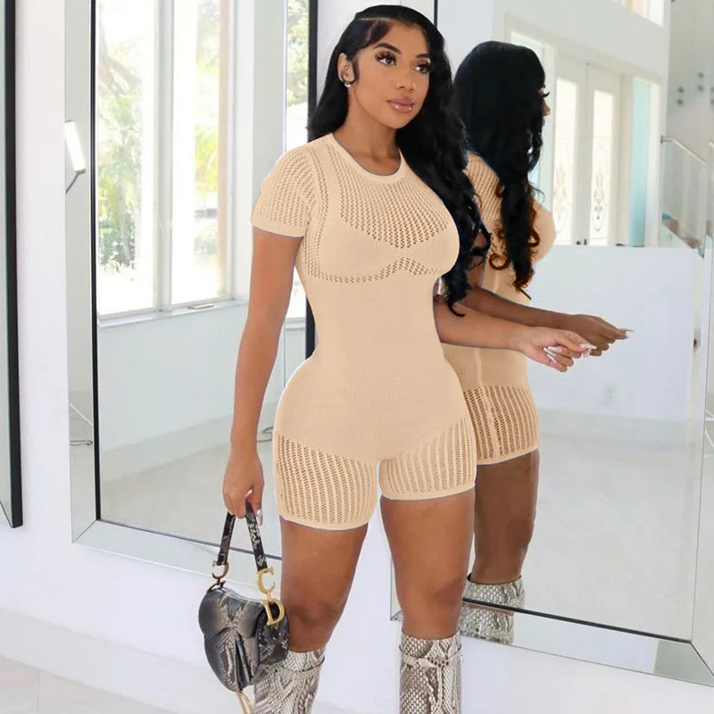 Women jumpsuit bodycon sexy hollow out knitted one piece short sleeve adult jumpsuit rompers knit one piece jumpsuit