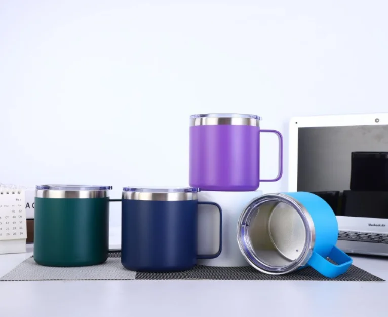 12 oz 14oz 18/8 stainless steel double walled vacuum insulated coffee mug with handle and silicone lid