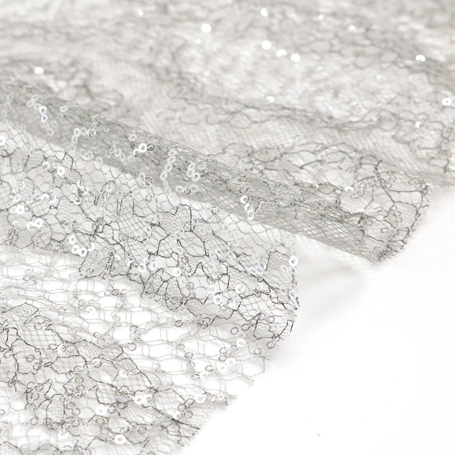 Modern Silver 2mm Transparent Sequin Embroidery Metallic Lace Tulle Fabric Wedding Dresses for Women