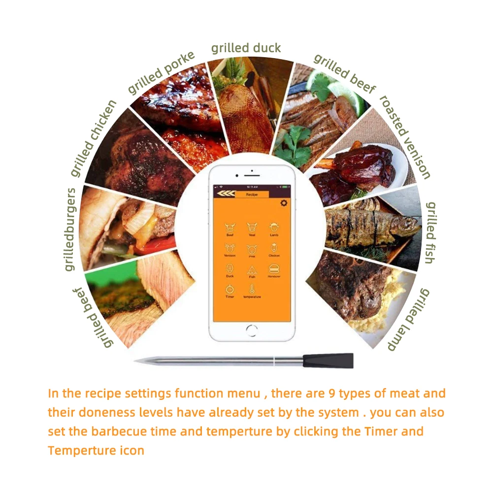 Wireless Bluetooth  Digital Food Thermometer BBQ Thermometer Meat Thermometer