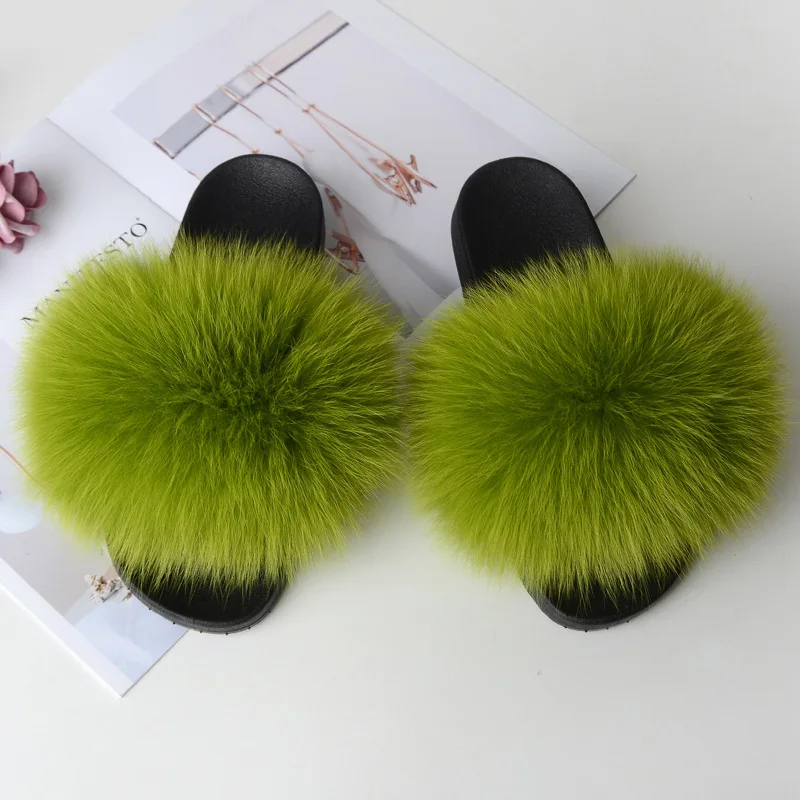 Real Fur Slides Fox Slippers Women Fluffy Slippers Fox Fur Slipper