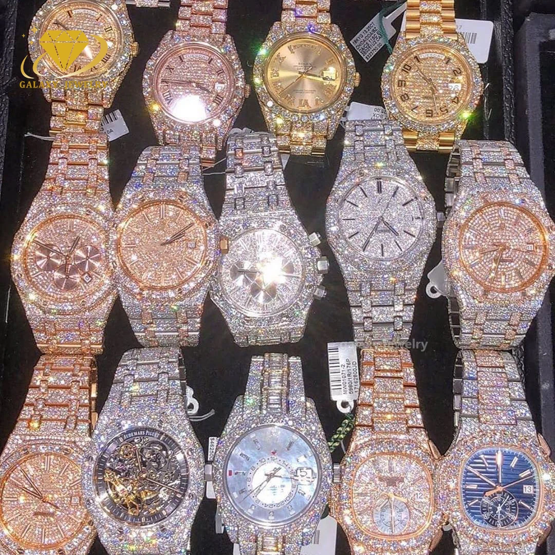 Luxury Iced Out Diamond Wrist Watch Brand Vvs Moissanite Mechanical Stainless Steel Custom Buss Down Watch for Men