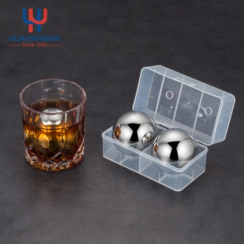 2 Pcs Reusable Stainless Steel Metal Ice Sphere Cubes Beverage Chilling Rocks Whiskey Stones Balls for Wine Whisky Bar Beer