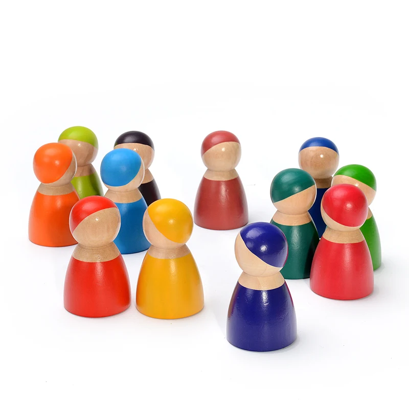 12pcs Wooden Toddler Toys Rainbow Wood Peg Dolls Blocks Wooden Pretend Play Figures for Preschool Learning Educational Toys