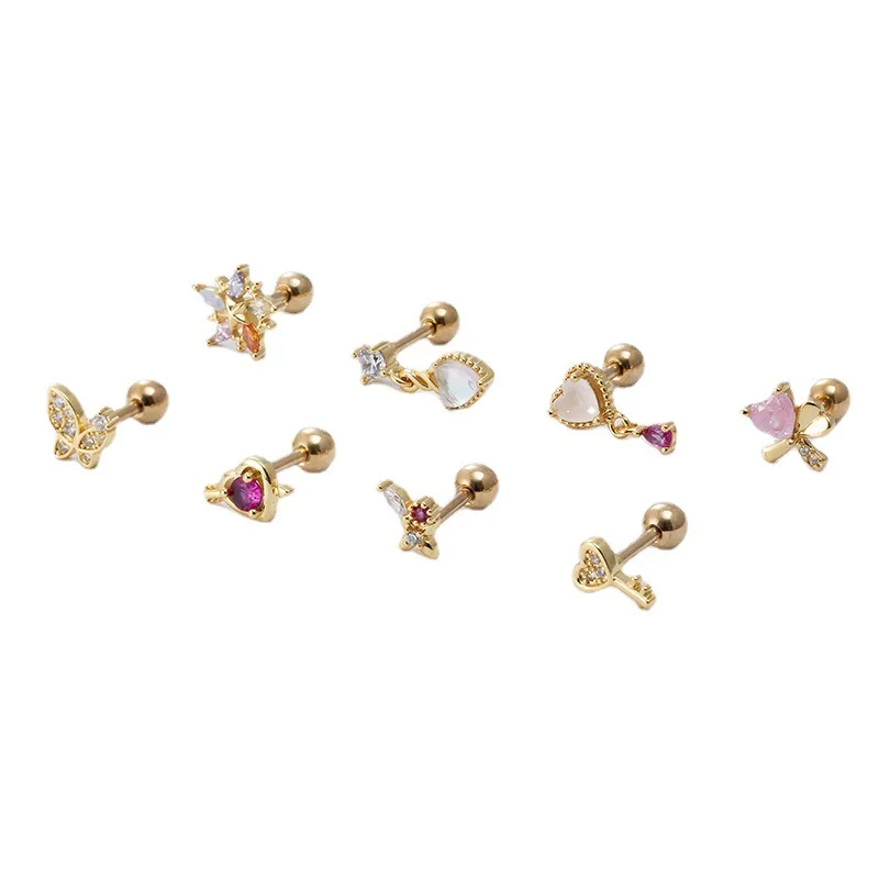 Fashion pink zircon love butterfly key flower ear bone nail double-head thread thick rod cartilage puncture ear studs 1piece