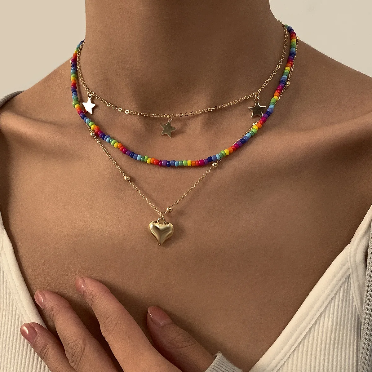 Ins Simple Bohemian Style Different Color Vintage Boho Beads Necklace Boho Beaded Layer Stacked Choker Necklace For Women