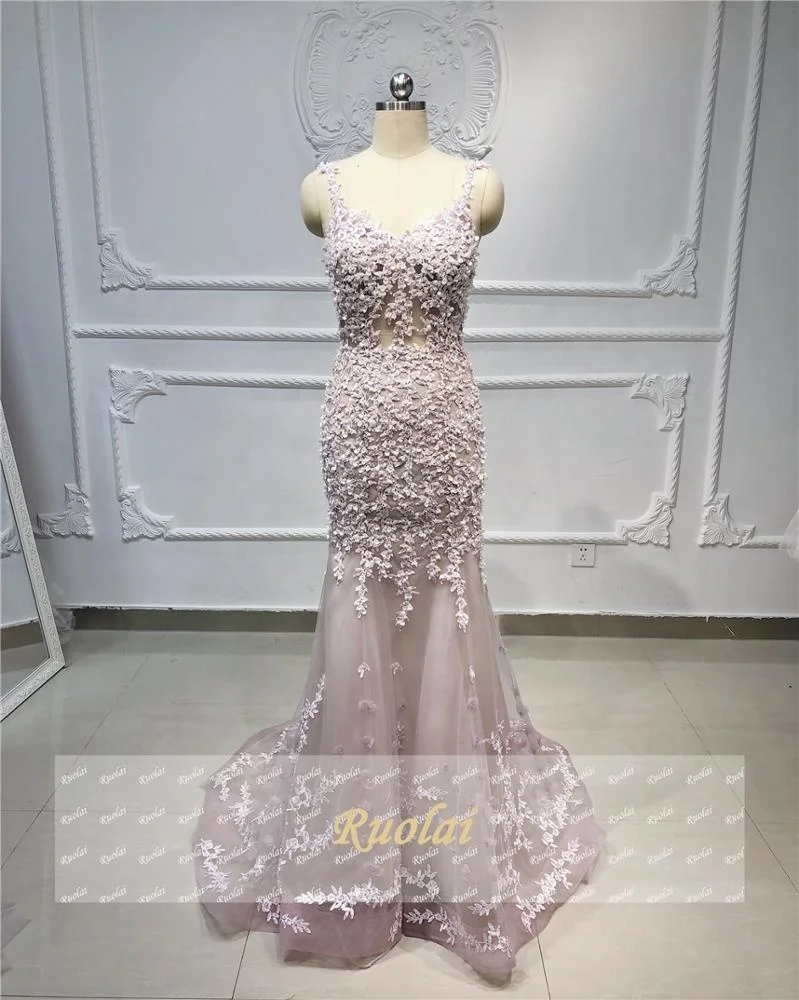 Ruolai OEV-L4293 Spaghetti Strap 3D Flowers Beaded Crystal Mermaid Long Evening Dresses with Removable Skirt