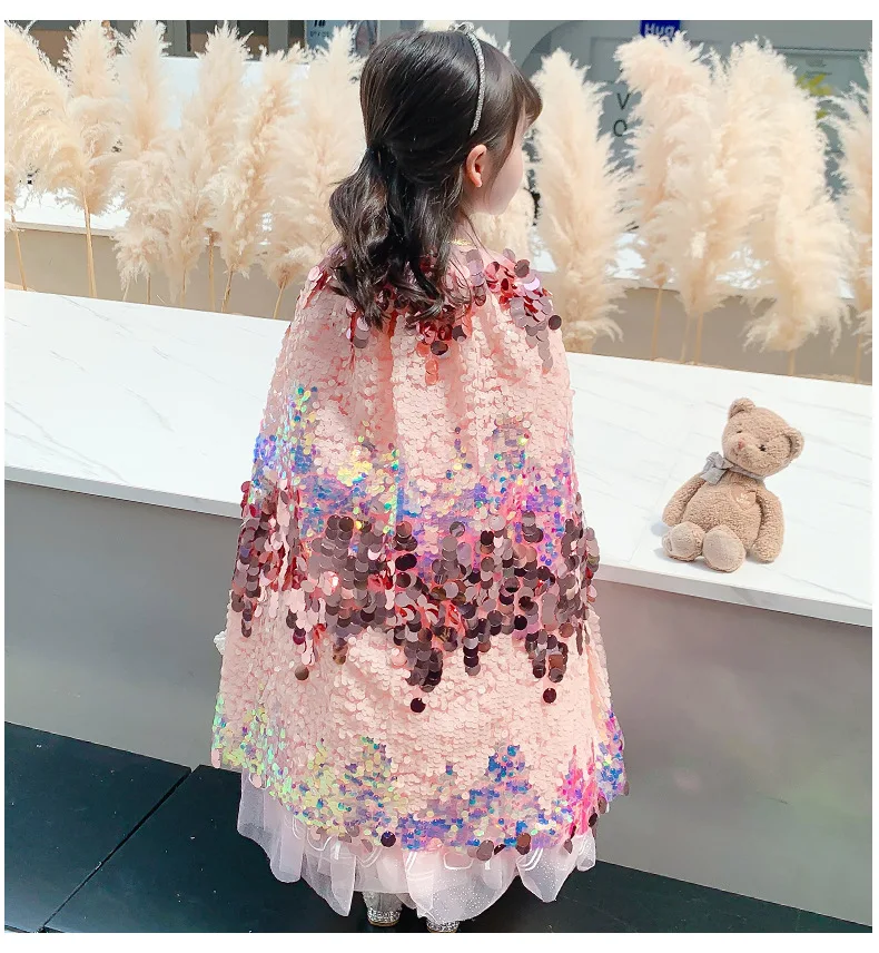 Boutique Kids Tulle Cape Sequin Clothing Kids Girls Party Wear Birthday Dress Children Fantasy Princess Cloak Fashion Tulle Cape