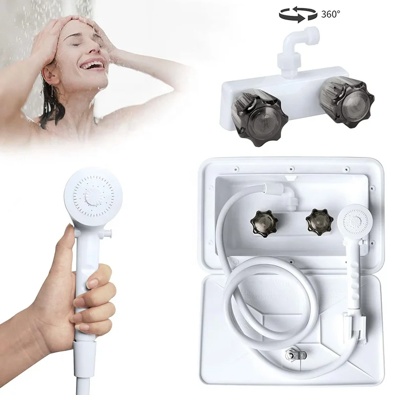 White RV Exterior Shower Box Kit with Faucet and Shower Head & Coiled Hose for RV Camper Travel Trailer,Motorhome and Boat