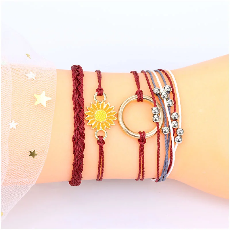 Seaside Surfing Bracelet Waterproof Waxed Wire Hand Knitted Sunflower Bracelet Teenage Friendship Bracelet Set of 4