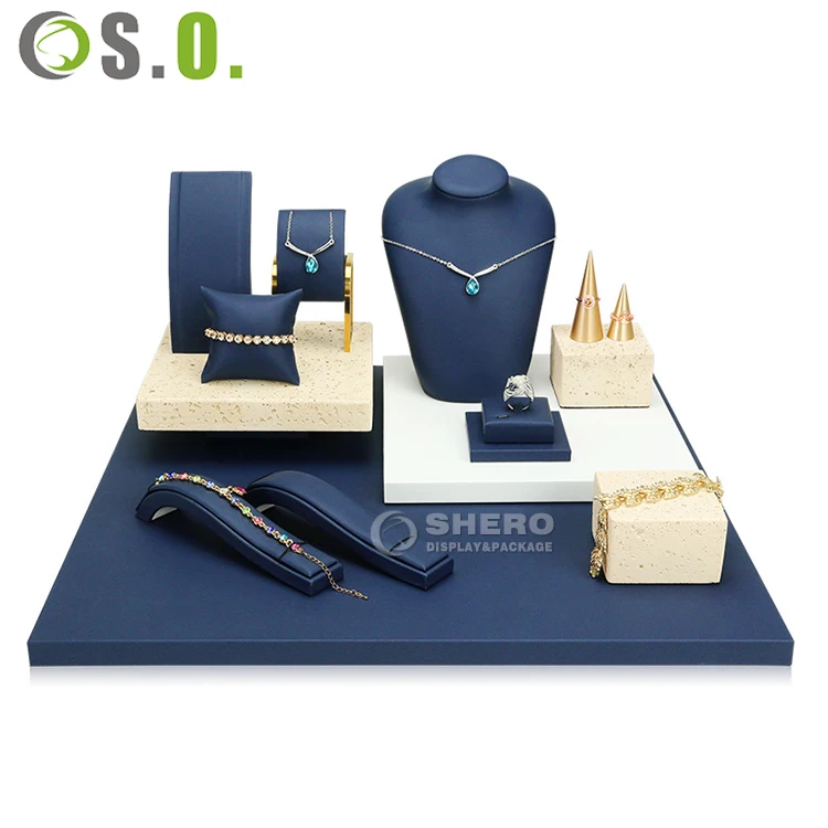 Customized Wholesale Brown Jewellery Stand Holder Velvet Suede Wood Metal Jewelry Display Set