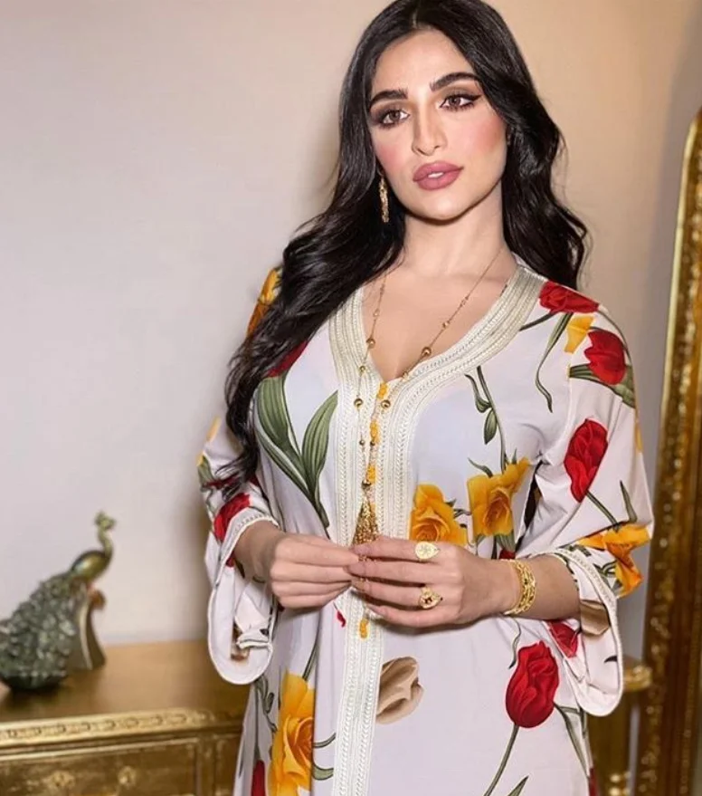 Spring And Summer Womens Rose Floral Print Turkish Long Sleeve Kaftan Dress Muslim Abaya Dubai Islamic Clothing for Women