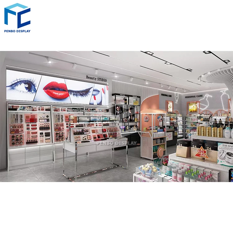 Custom Wooden Wall Cosmetic Shelves Display Cabinet And Makeup Display Wall Showcase