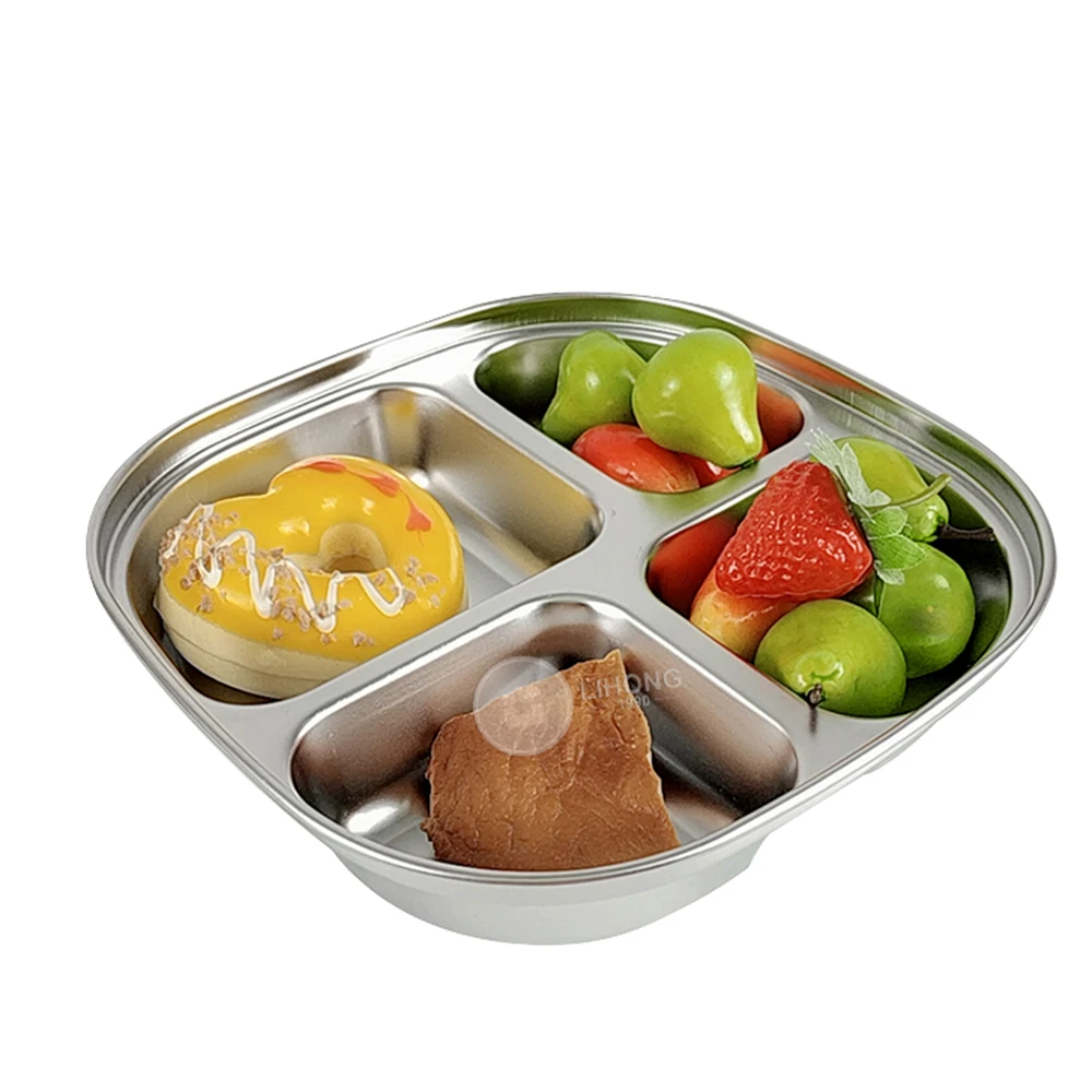 LIHONG 304 Stainless Steel 5 Compartments Indian Thali Lunch Tray School Fast Food Canteen Divided Dinner Mess Plates With Lid