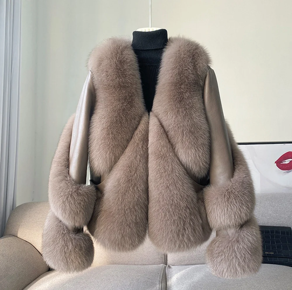 Timely delivery OEM V neck fur coat luxury warm parka genuine sheepskin leather fur jacket for fashion girls