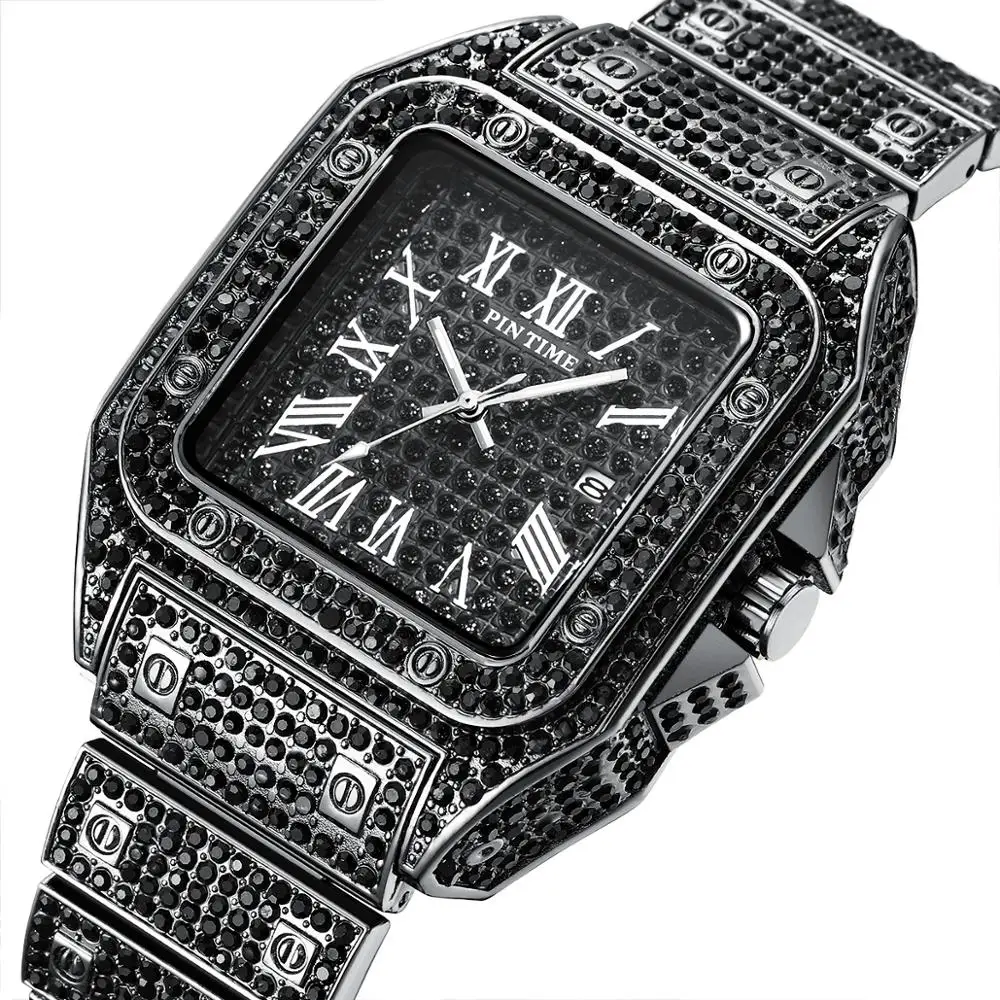 PINTIME Gold Square Men Watch Hip Hop Diamond Iced Out Watch Men Calendar Business Quartz Wristwatch Relojes