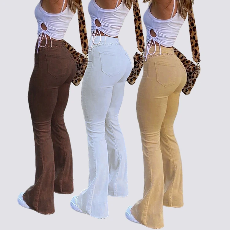Factory custom women trousers brown black yellow white denim flare pants wholesale ladies high waist bell bottom jeans