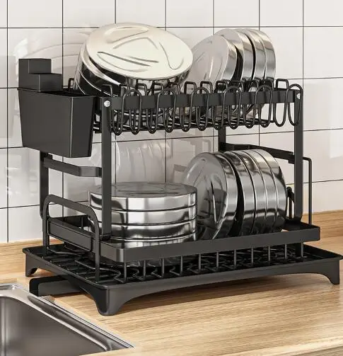 2 Tier Dish Drying Rack, Rustproof Kitchen Dish Drying Rack with Drainboard and Utensil Holder for Kitchen Counter