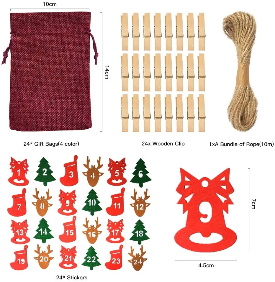 New Christmas jute burlap bag Christmas hanging countdown advent calendar bag