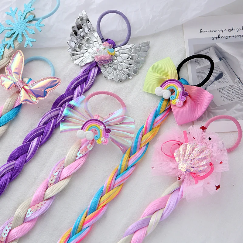 Korean new design child kids bow tie accessories rainbow color braided hand tied human hair wigs for girls