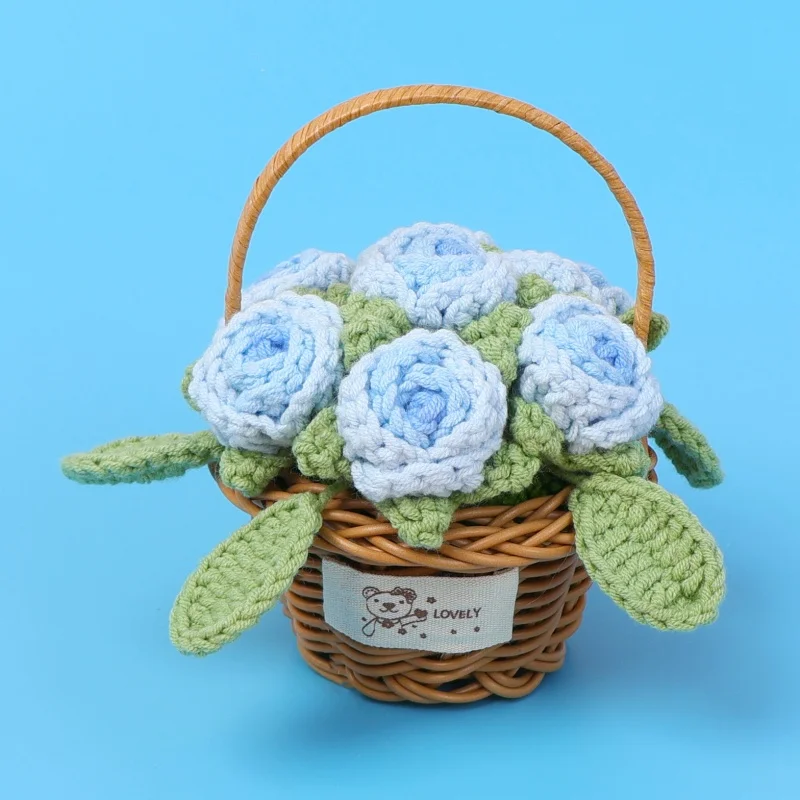 H366 Finished Hand Knit Wool Crochet Multi Roses Small Flower Basket Handmade Rose Arrangement Holiday Gift