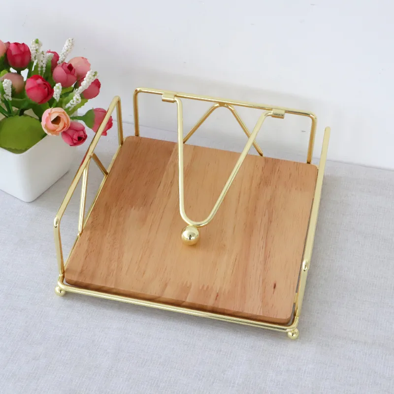 Flat Wooden Base Serviette Napkin Holder Rose Gold Arm With Luxurious Packaging For Dining Table